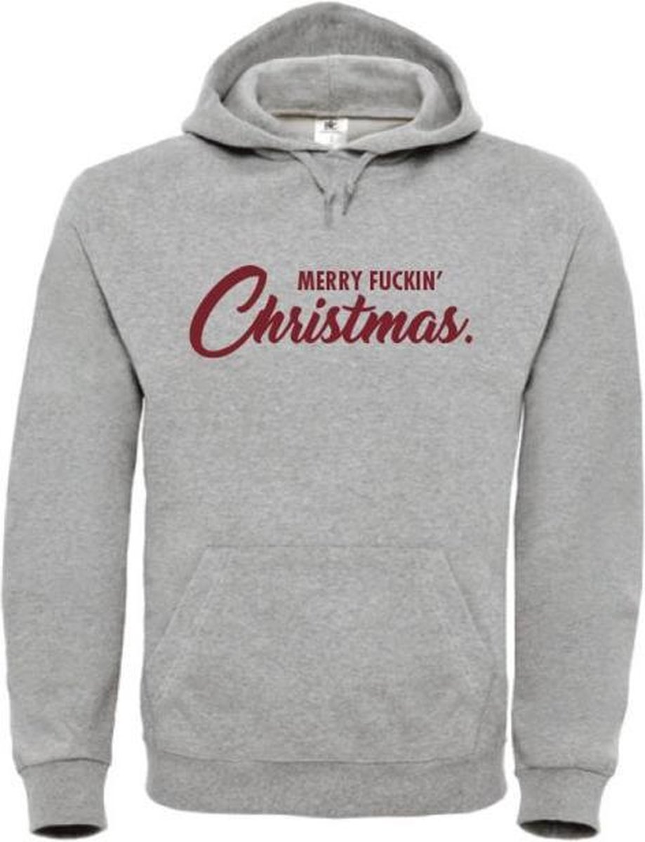 Kerst hoodie grijs XXL - Merry fuckin Christmas - Rood glitter - soBAD. | Kersttrui soBAD. | kerstsweaters volwassenen | kerst hoodie volwassenen | Kerst outfit | Foute kerst truien